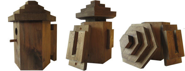 Hexagonal
                    Birdhouse Walnut Rustic finish side, bracket and
                    roof picture