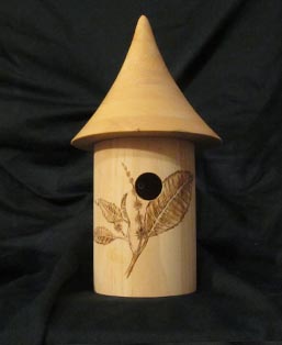 Pine Burned American Chestnut Turned Birdhouse with a burnt design of American Chestnut by Sara Stricker
